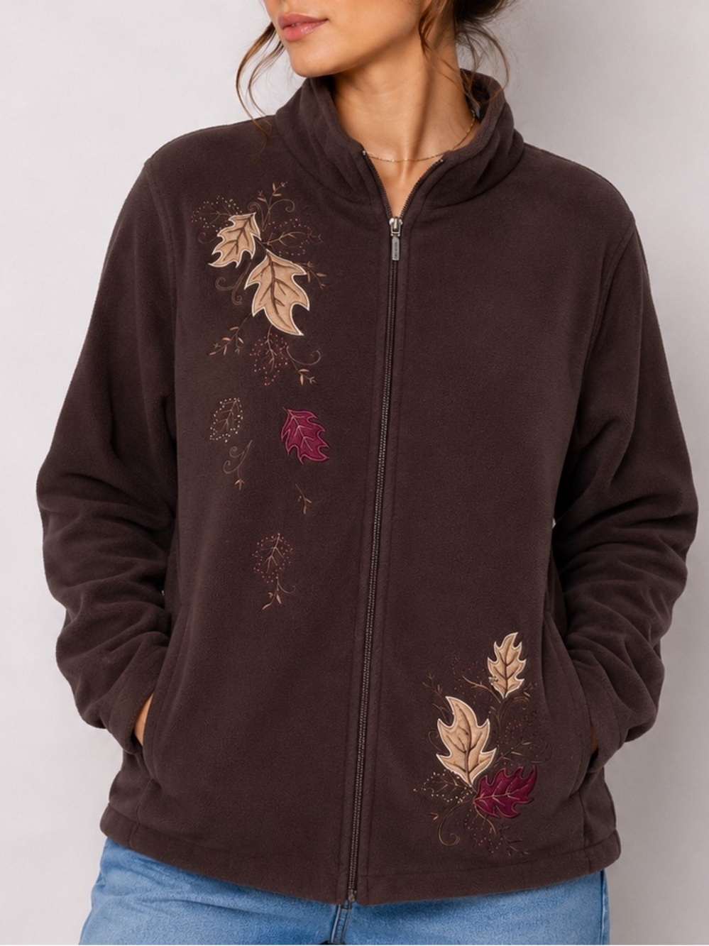 Vintage Fleece Sweater Brown Jacket Fall Leaf Accents Cozy Warm Neutral
